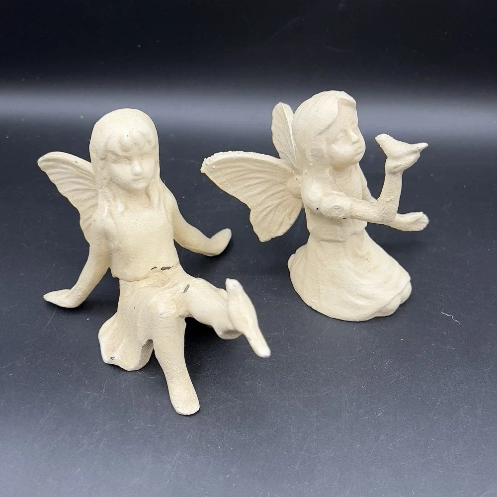 Vintage CAST IRON FAIRY WITH BIRD ON HAND & Playful Garden Fairy Cream Rustic